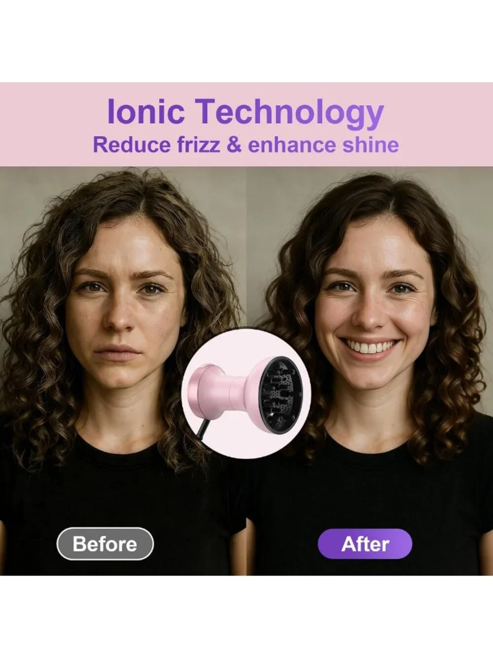 2-in-1 Hair Dryer & Diffuser for Curly Hair, 800W, Fast Drying, Stylish Pink